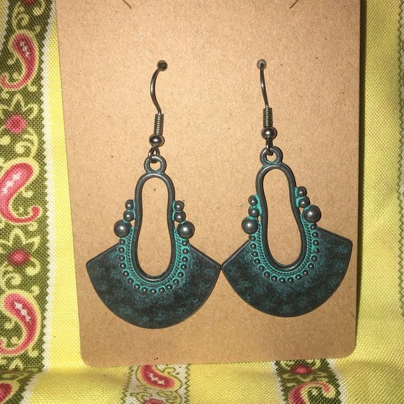 Jewelry - Vintage Crescent Bronze Bohemian Blue Stone Drop Earring NWOT
